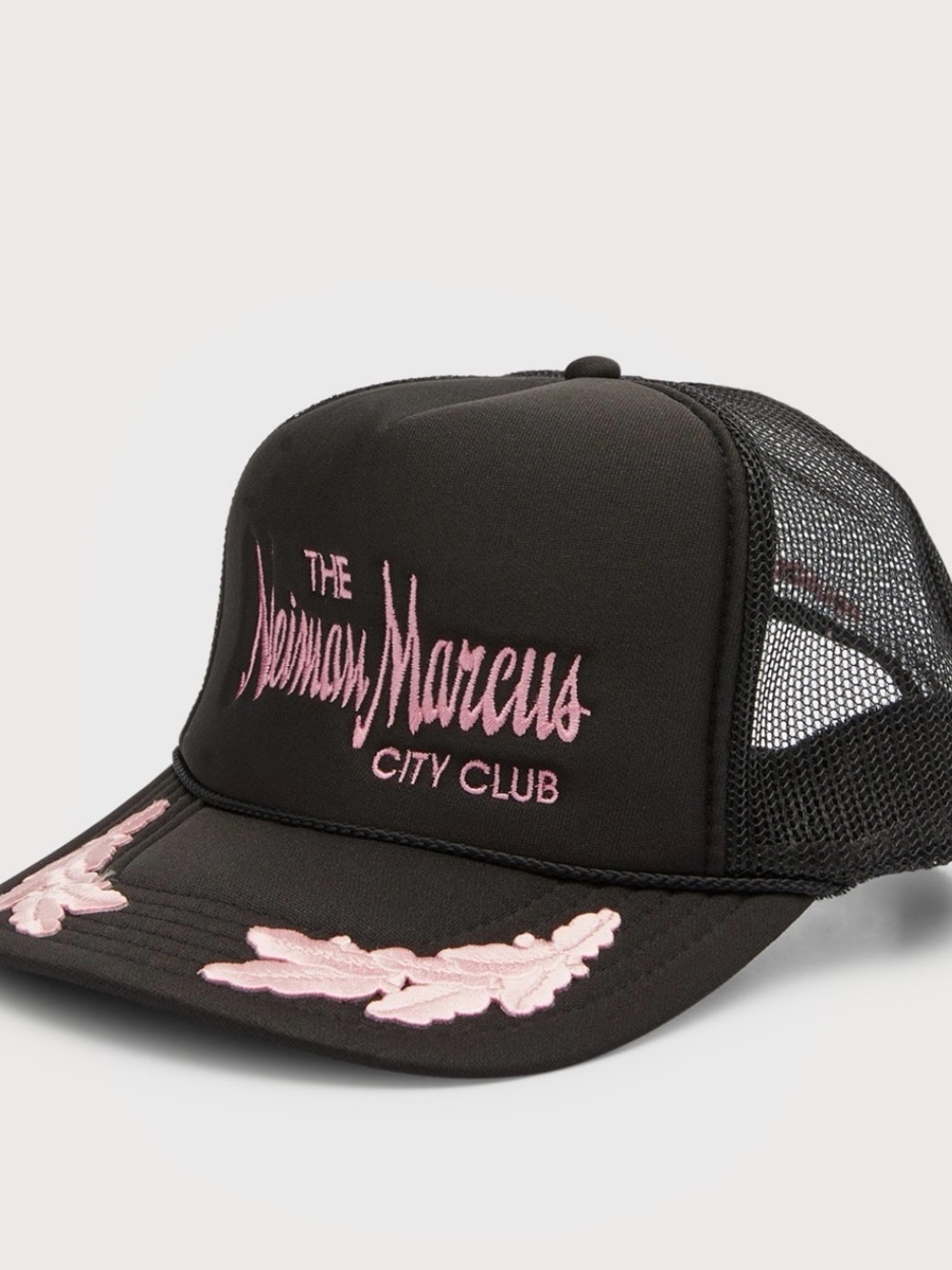 Neiman Marcus Black Trucker Cap with Pink Script Embroidery